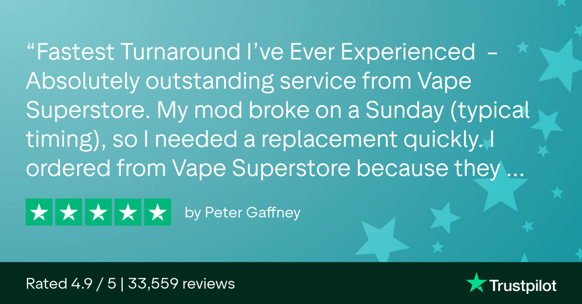 Customer review praising Vape Superstore's fast service and replacement process.