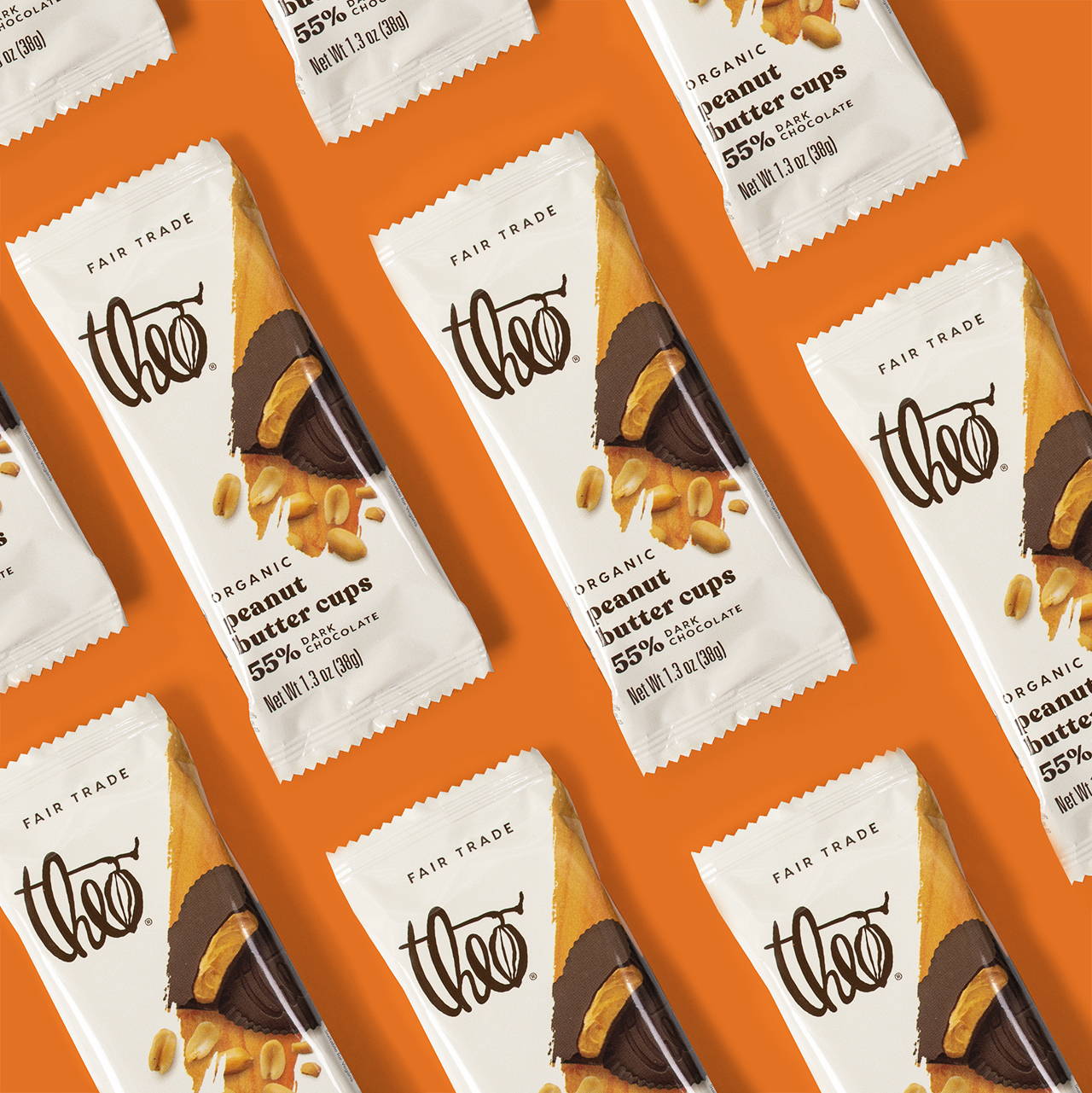 Theo Chocolate Dark Chocolate Peanut Butter Cups on orange background