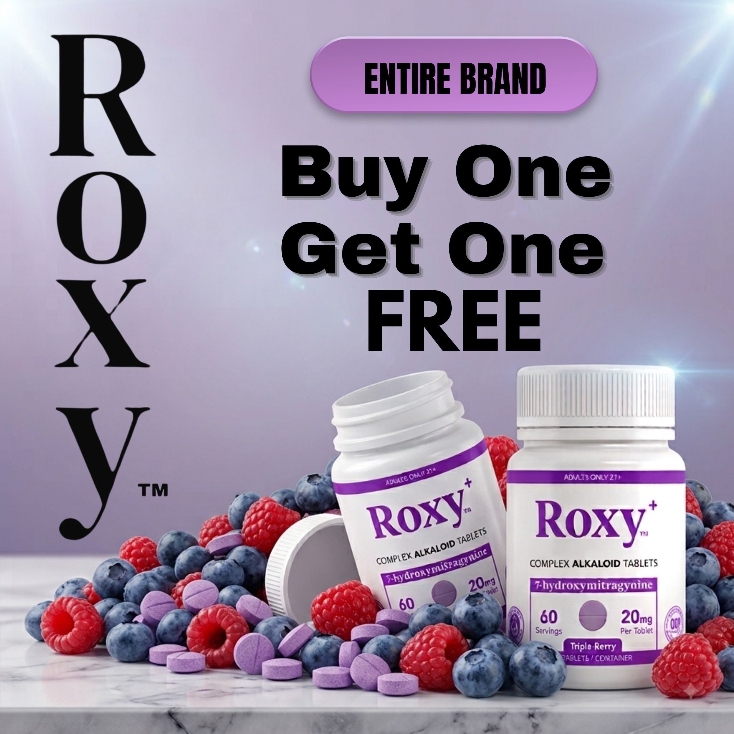 Roxy brand promotion: Buy one, get one free, with product bottles and berries.