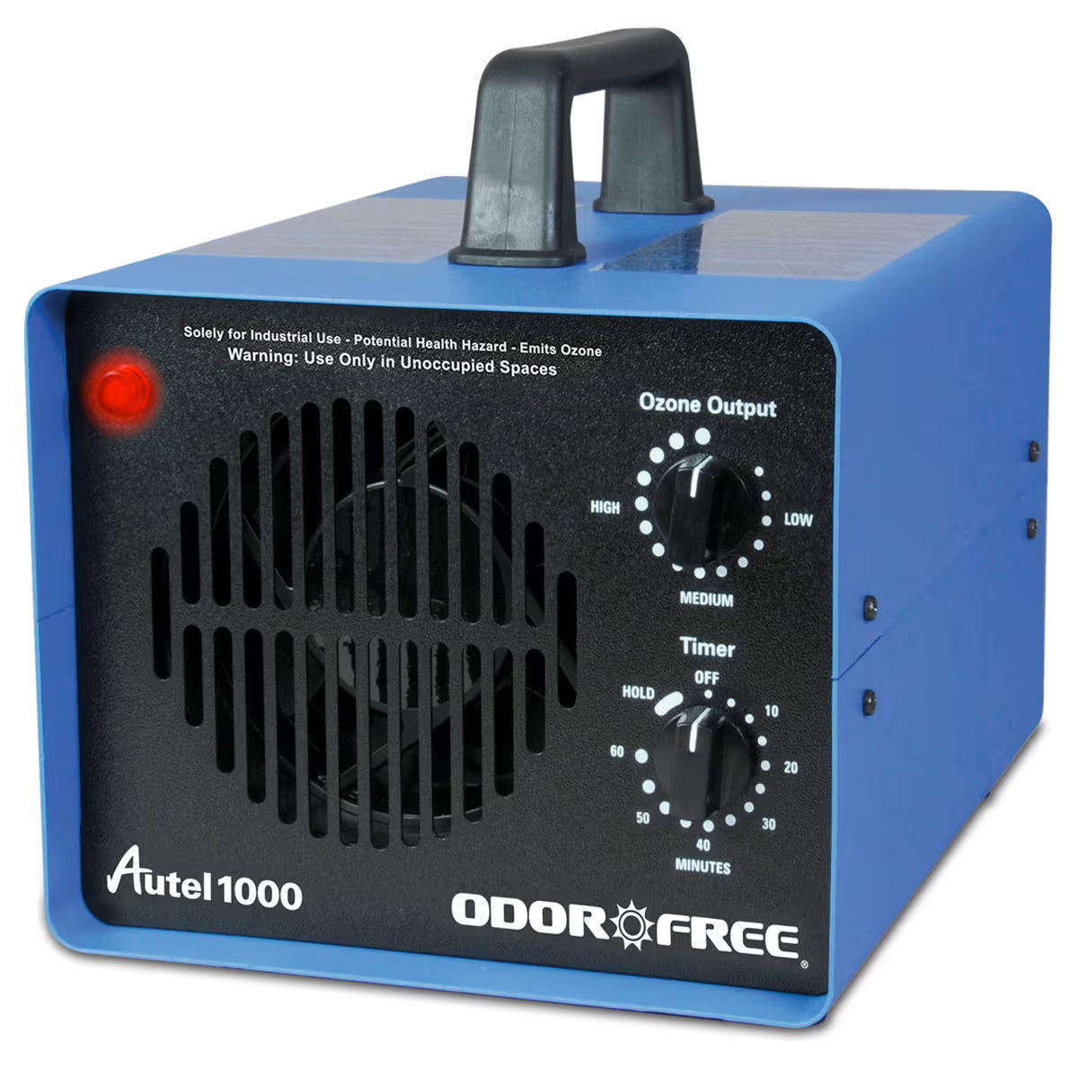 Blue odor removal machine with controls and handle.