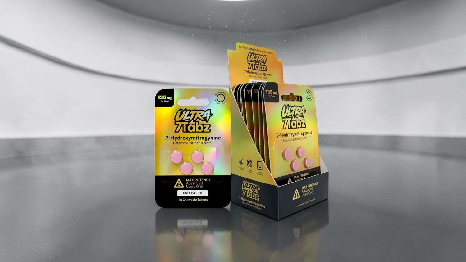 Product packaging displayed on a reflective surface in a modern setting.