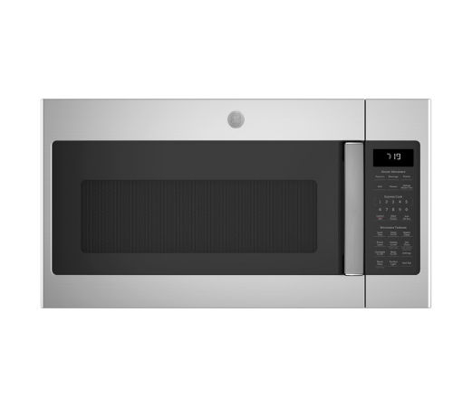Modern stainless steel microwave with digital control panel and glass door.