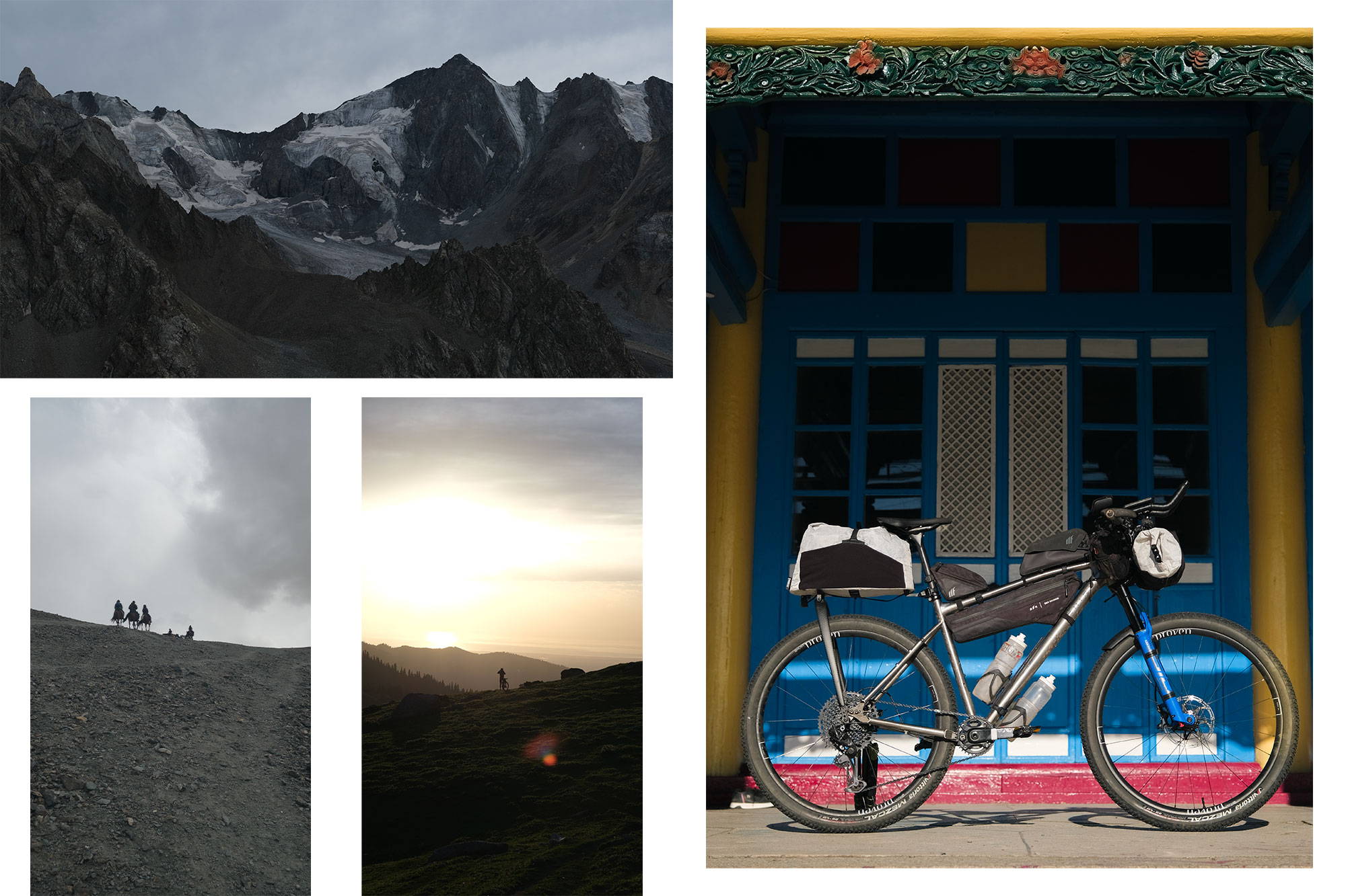 Mountain range, horse riders, sunset, Manu's bike