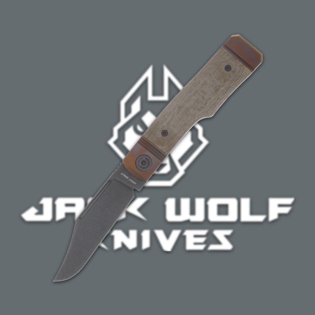 Folding knife with a wooden handle and logo text below.