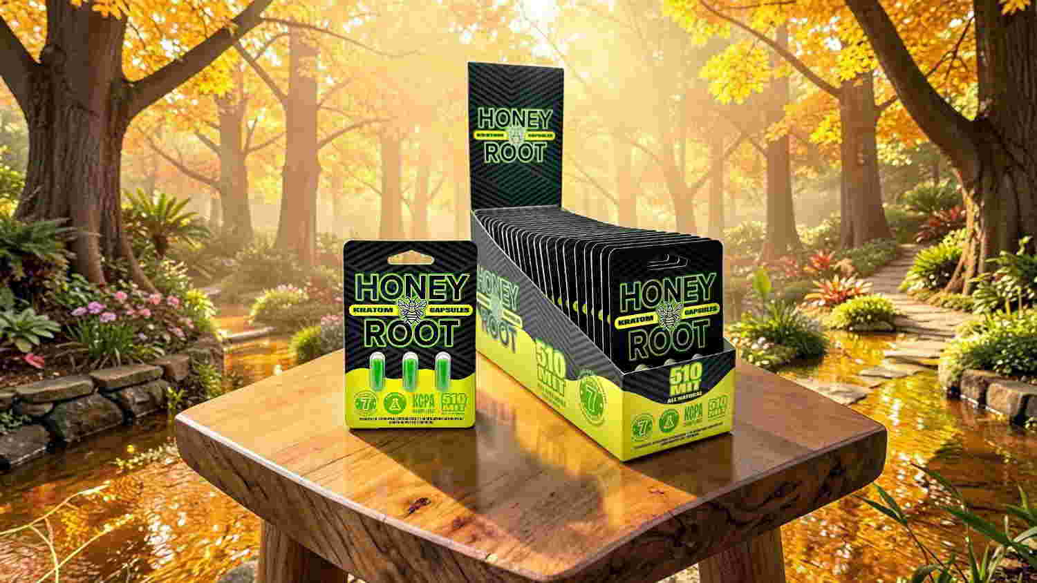 Product packaging displayed in a serene forest setting with autumn colors.