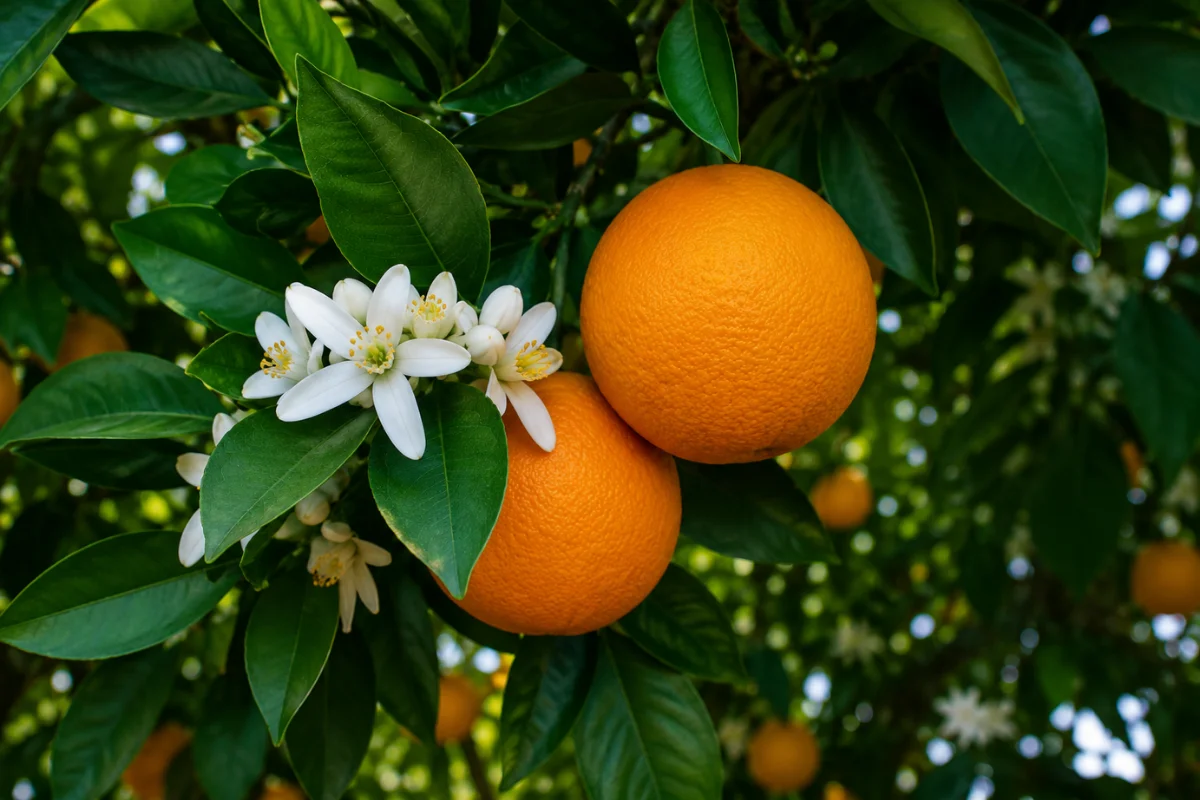 Sweet oranges hanging from a citrus tree alongside fragrant white blossoms and glossy green leaves, representing productive citrus trees in Arizona landscapes.