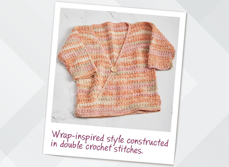 Wrap-inspired style constructed in double crochet stitches.