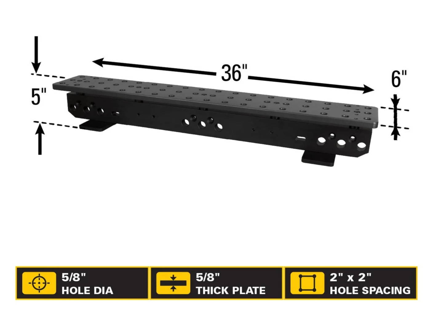 Black metal platform with dimensions and weight capacity details.