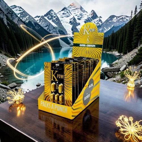 Display stand of K products near a scenic mountain lake.