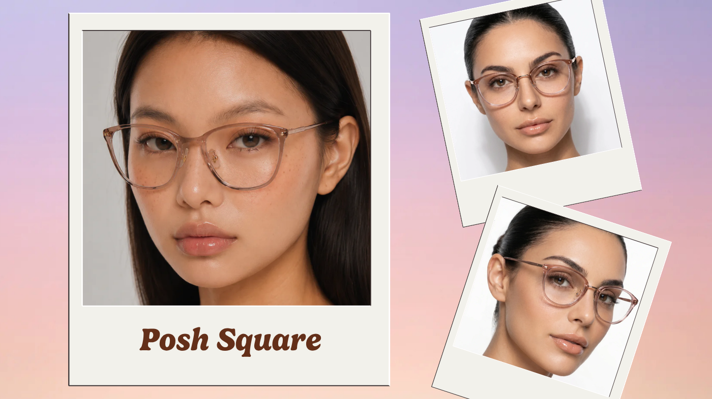 Medium-sized soft square eyeglass frames ideal for progressive lenses