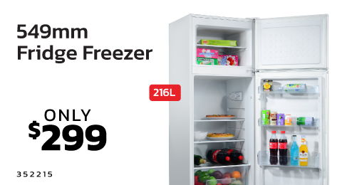 549mm fridge freezer on sale for $299, showing interior contents.