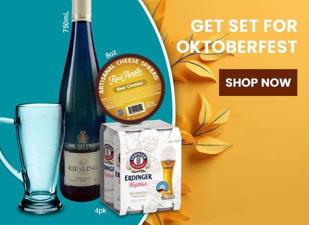 Oktoberfest products including glass, wine, cheese, and beer package.