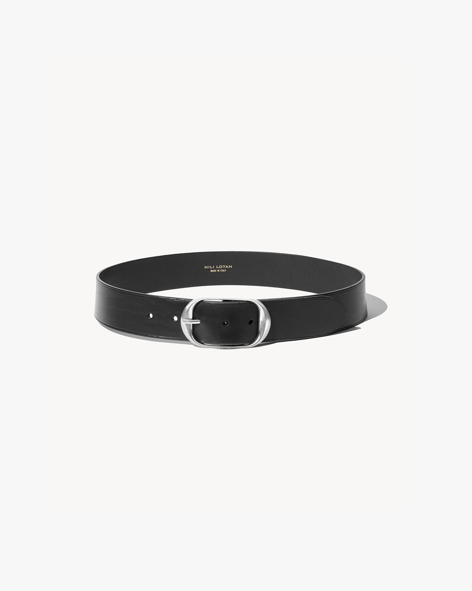 Black leather belt with a silver buckle on a white background.