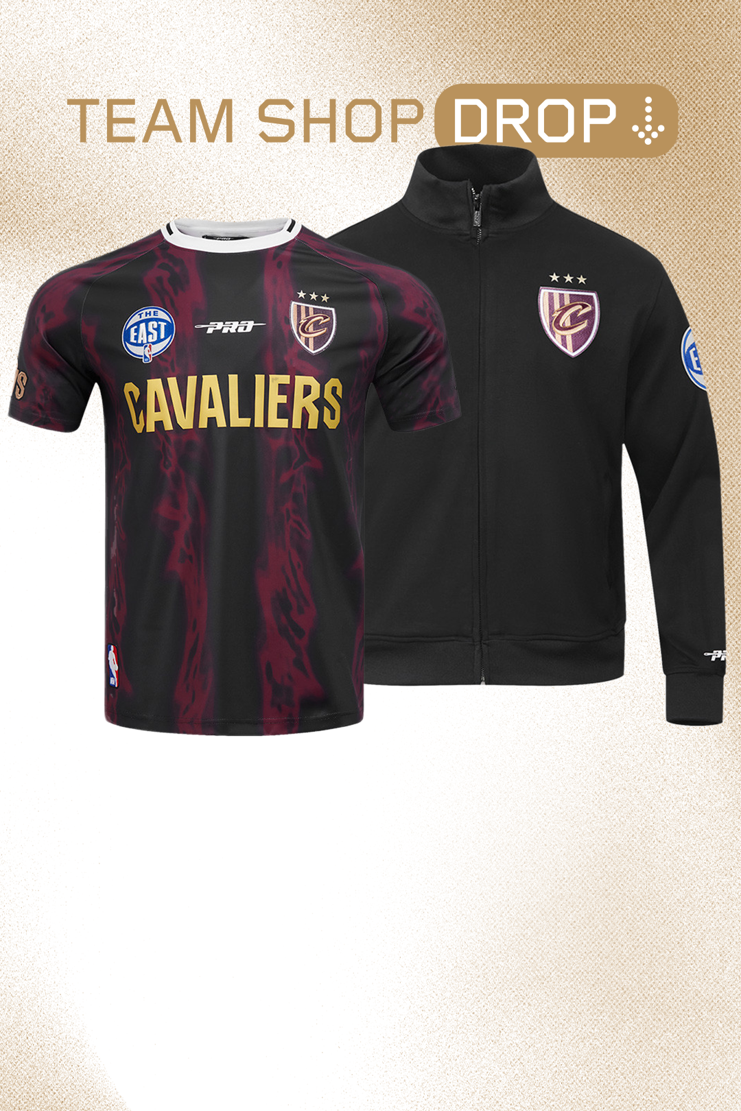 Cavaliers team jersey and jacket displayed together on a light background.