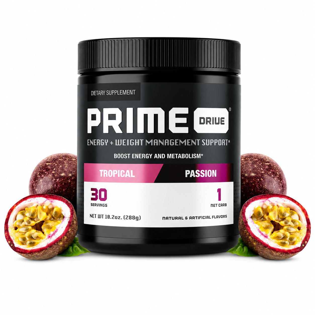 Container of Prime Drug supplement with passionfruit and tropical design.