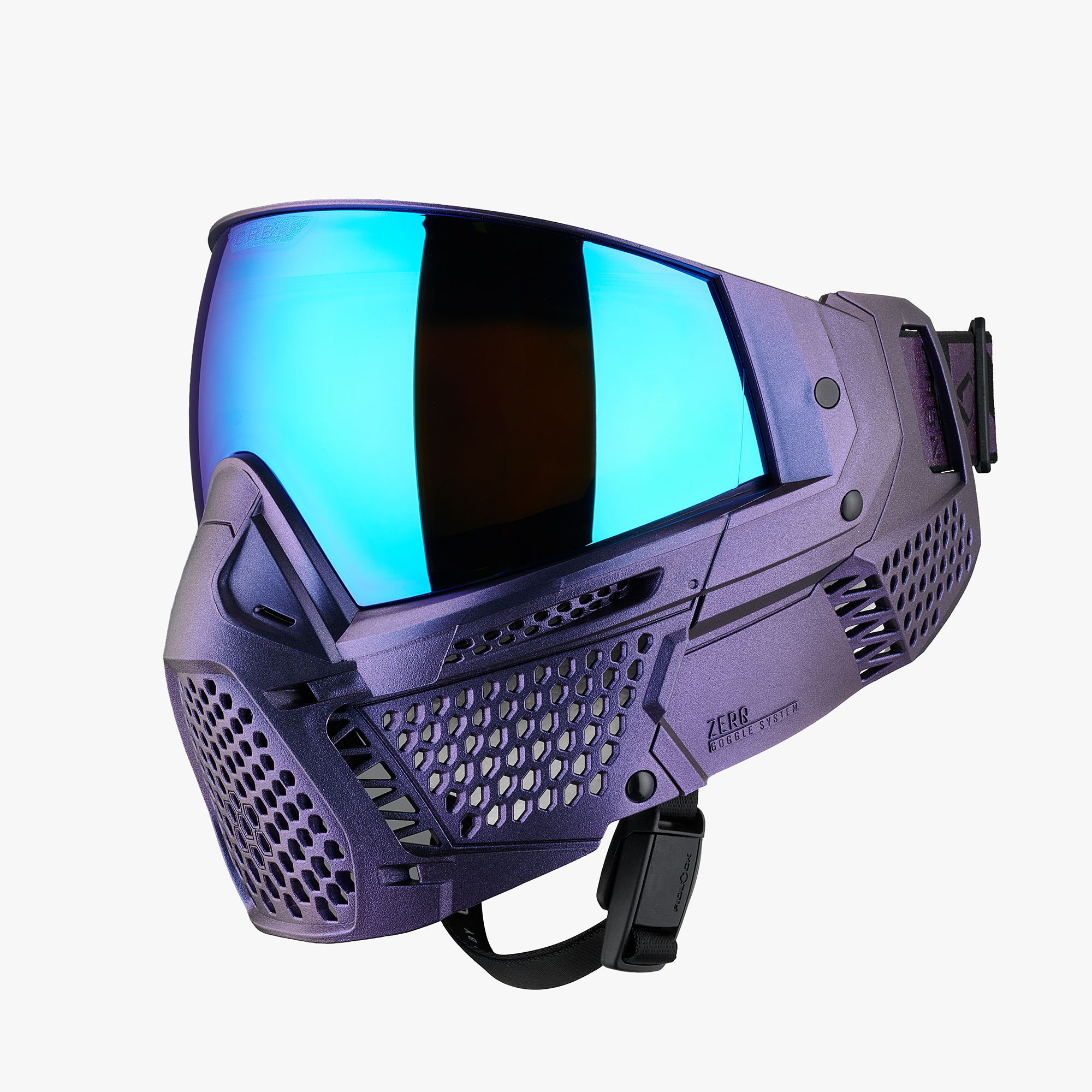Paintball goggle with a reflective blue lens and ventilation design.
