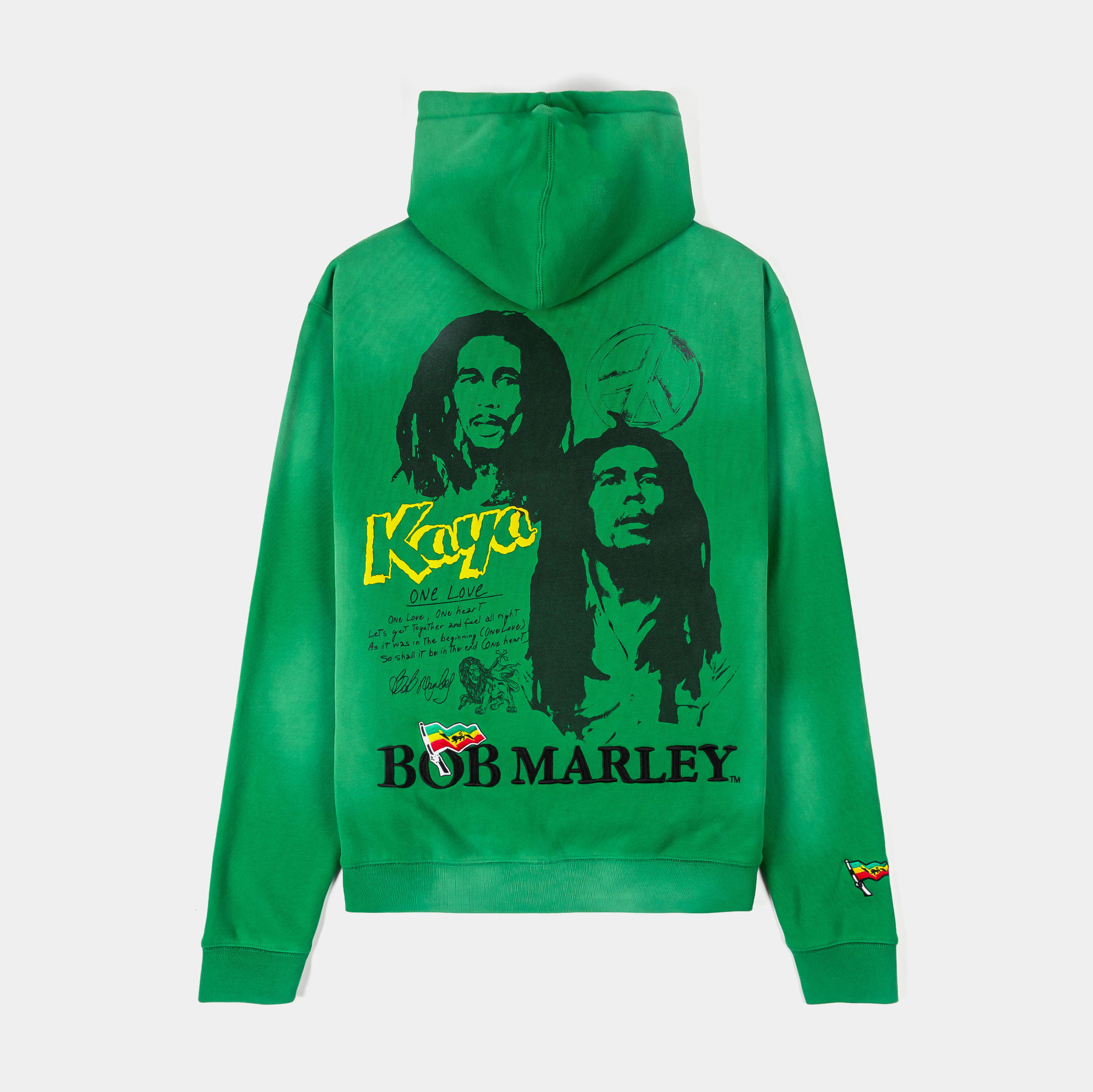 Green hoodie with graphic design and text on the front.