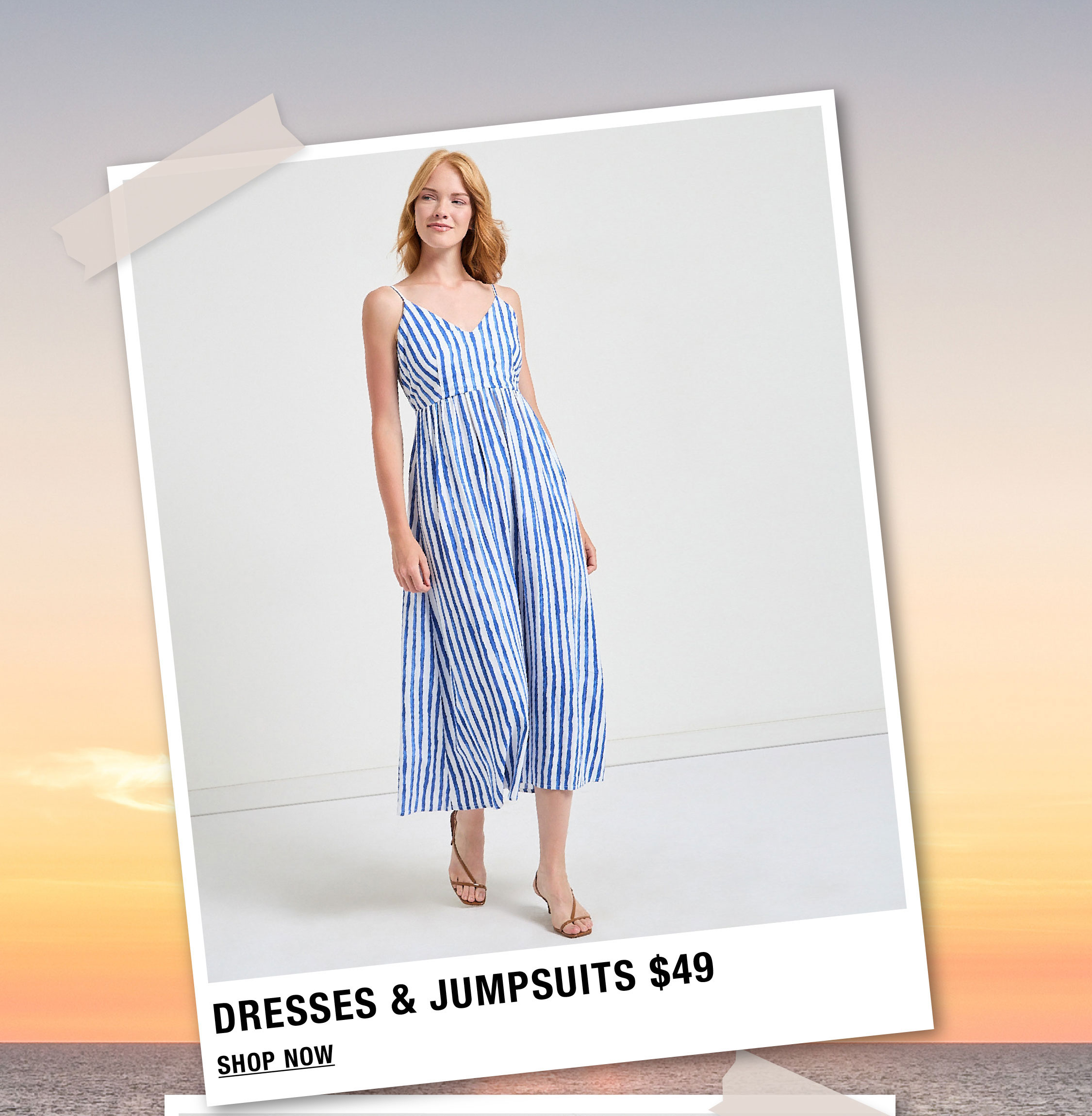 Woman in a striped dress with a sunset background advertising dresses and jumpsuits.