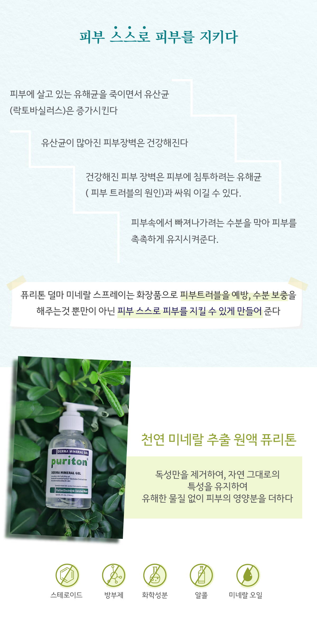 피부 스스로 피부를 지키다 피부에 살고있는 뉴해균을 죽이면서 유산균 은 증가 유산군이 많아진 피부장벽은 건강 피부에 침투하려는 유해균과 싸워 이길 수 있다 빠져나가려는 수분을 막아 피부를 촉촉하게 유지시켜준다 영양분을 더하다 스테로이드 방부제 화학성분 알콜 미네랄오일 