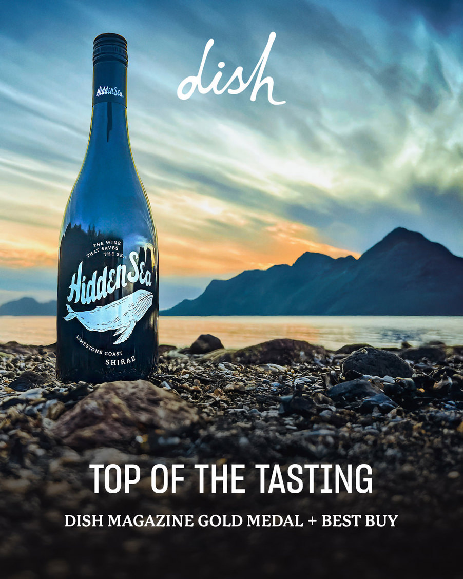 The Hidden Sea Shiraz bottle on a rocky shoreline at sunset with “dish” at the top and text: “Top of the tasting — Dish Magazine Gold Medal + Best Buy.”