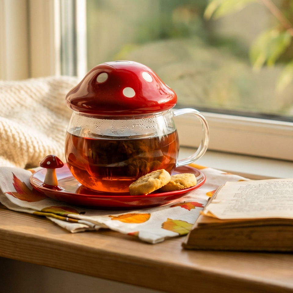 A teapot with a mushroom lid, cookies, and a book by the window.