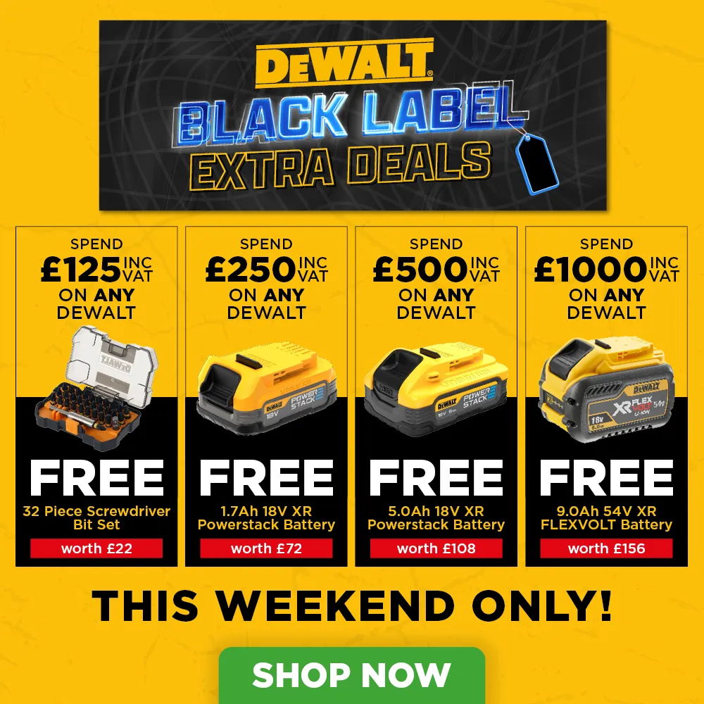 Dewalt Black Label extra deals, featuring free items with purchase thresholds.