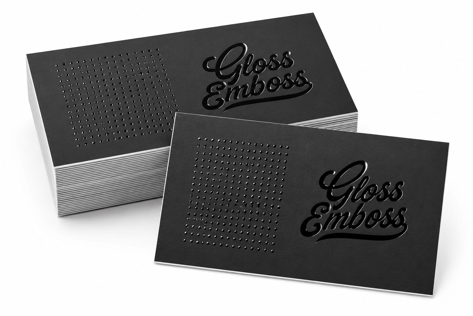 Black soft touch business cards with raised gloss emboss printing and glossy spot details