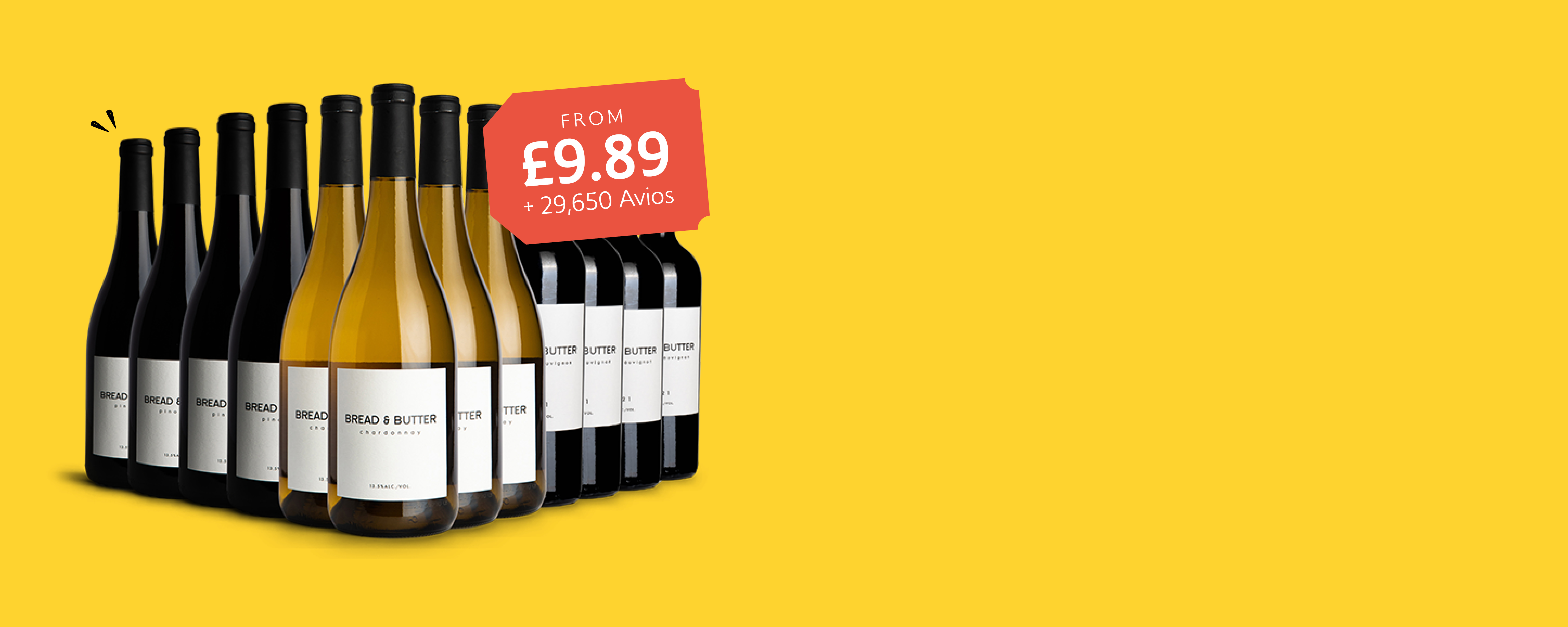 A collection of wine bottles with a promotional price tag on a yellow background.
