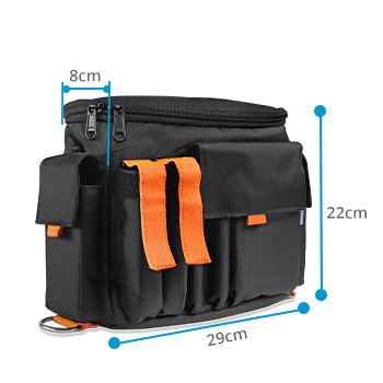 Black tool bag with orange straps, dimensions: 29cm x 22cm x 8cm.