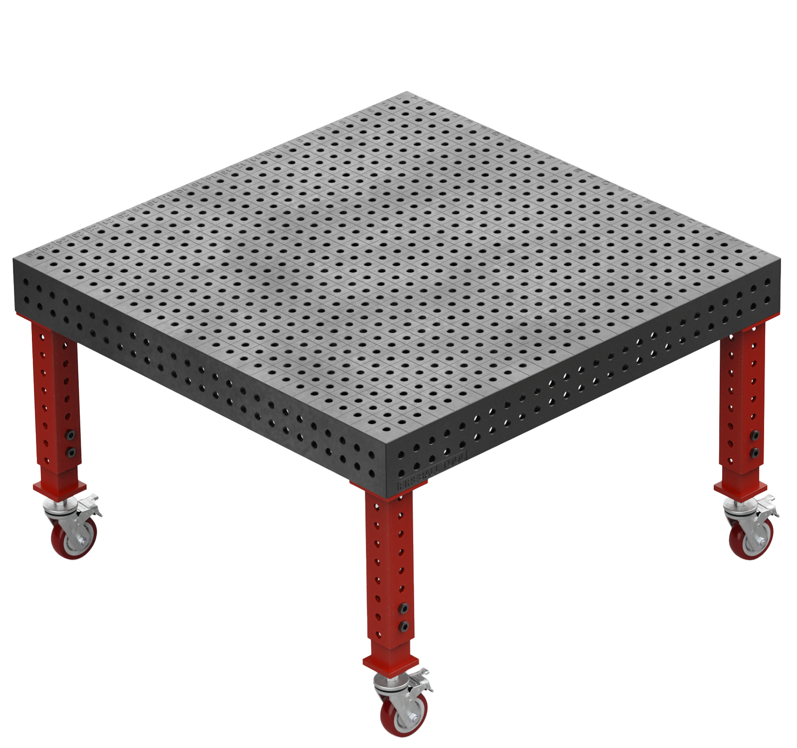 Gray perforated table on red legs with wheels.