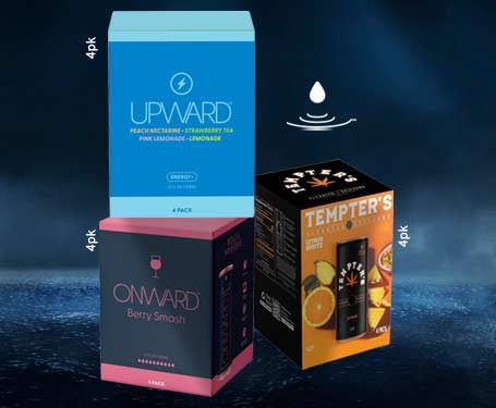 Three product boxes with branding names: Upward, Onward, and Tempter's.