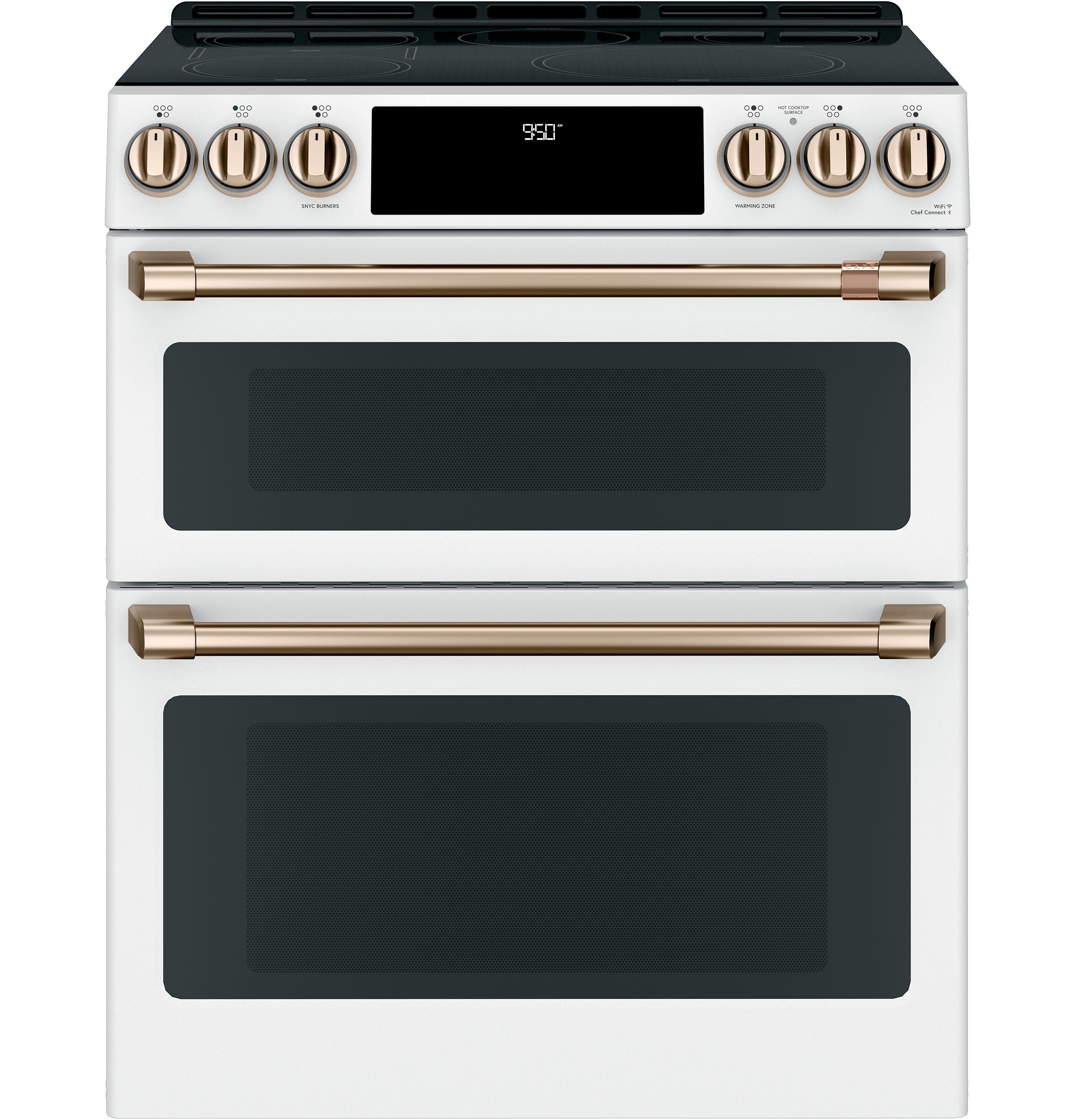 A modern white double oven range with bronze accents and glass doors.