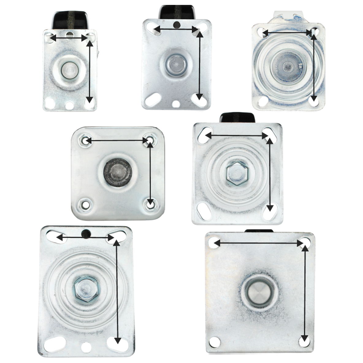 Find imperial & metric plate casters by their bolt hole pattern to insure a correct fit