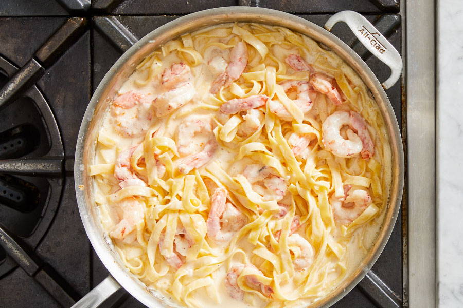 Shrimp and Fettuccine pasta in a creamy and cheesy sauce.