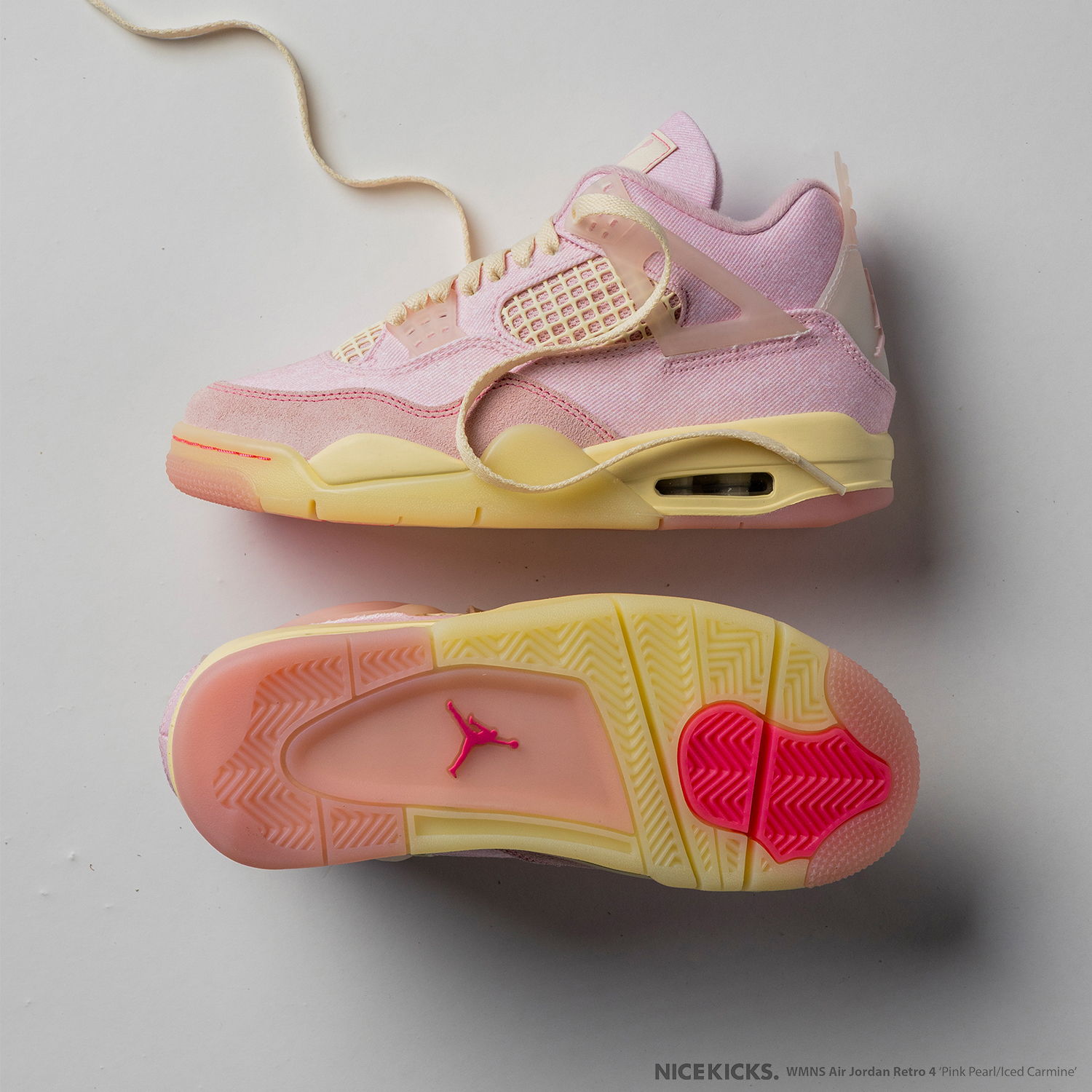 Pink and yellow Air Jordan 4 sneakers viewed from above and below.
