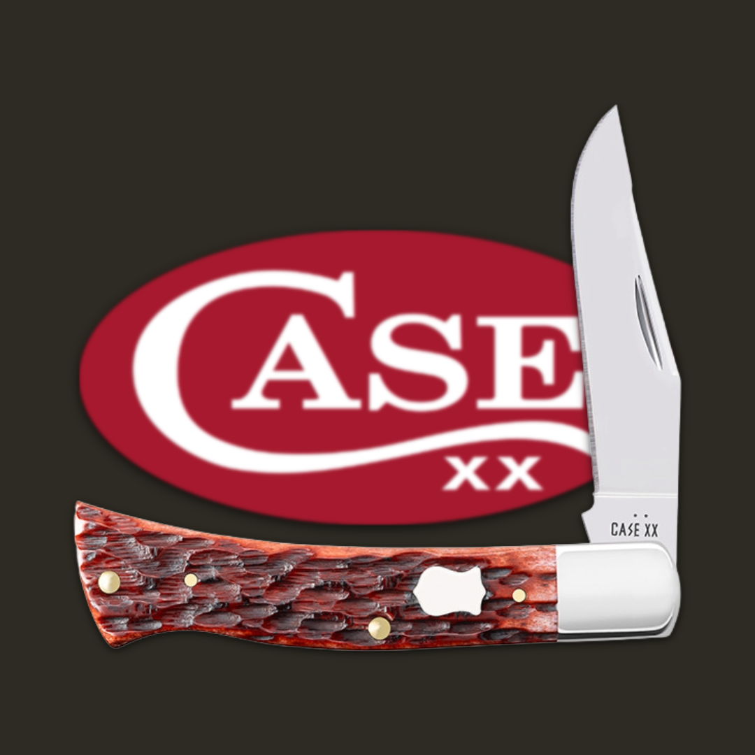 A folding knife with a red handle and CASE branding.