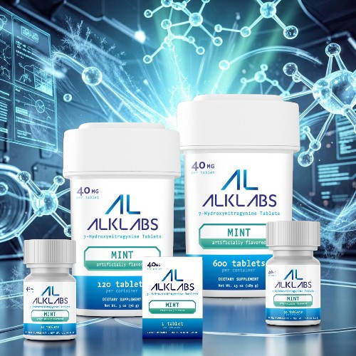 Bottles and tablets of ALKLABS mint products with a tech background.