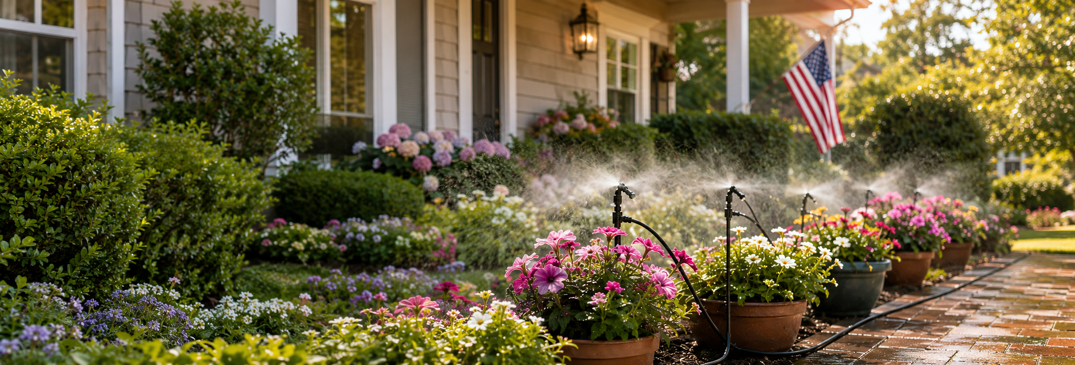 A beautiful garden with flowers, plants, and a house in the background.
