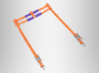 Orange and purple harness straps with buckles on a gray background.