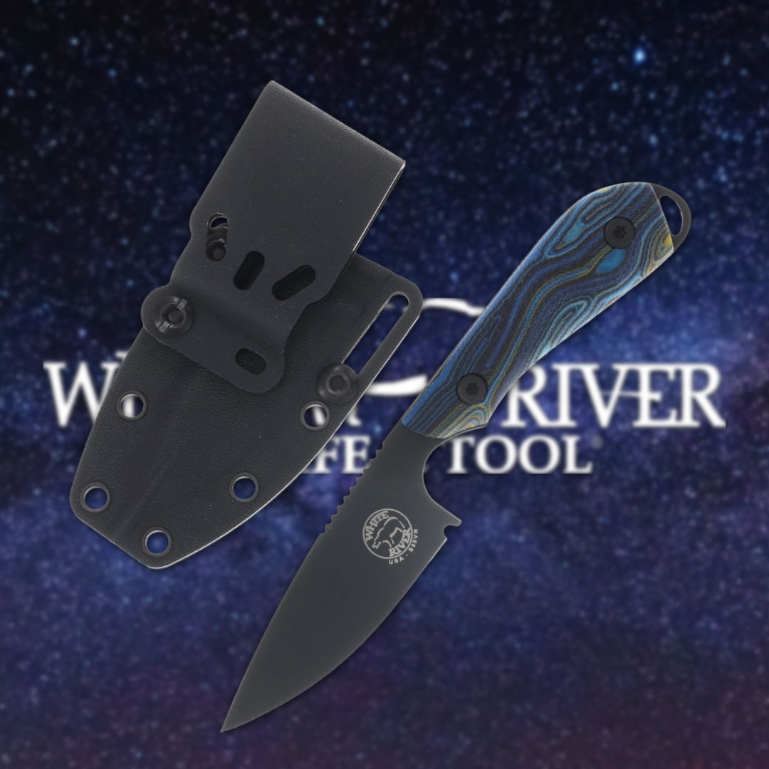 Knife with sheath against a starry background, featuring the name 
