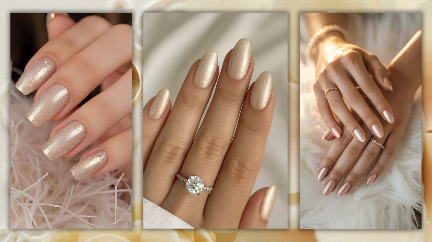 Close-up of bridal manicure in champagne shimmer nail polish adding a radiant glow for wedding season