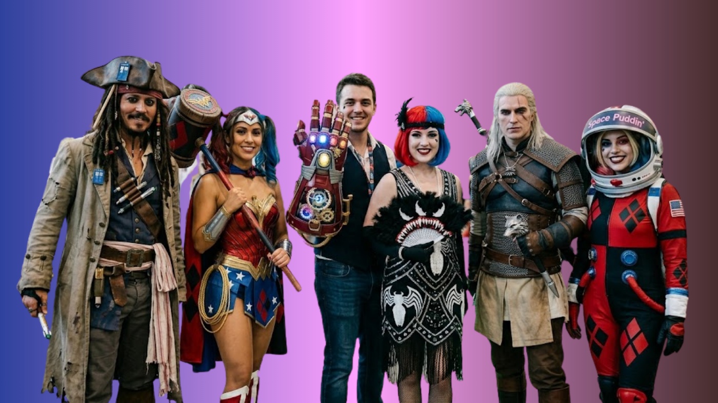 Group of mashup cosplayers wearing creative crossover costumes blending multiple characters and aesthetics, featuring detailed wigs, cosplay makeup, themed outfits, and props at a cosplay convention or photoshoot