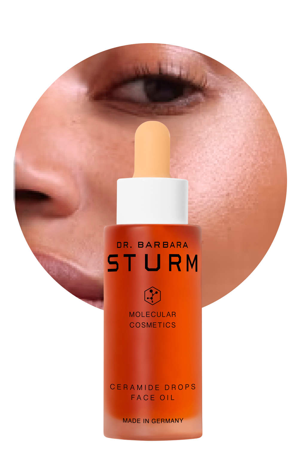 Dr. Barbara Sturm Ceramide Drops Face Oil with close-up of skin.