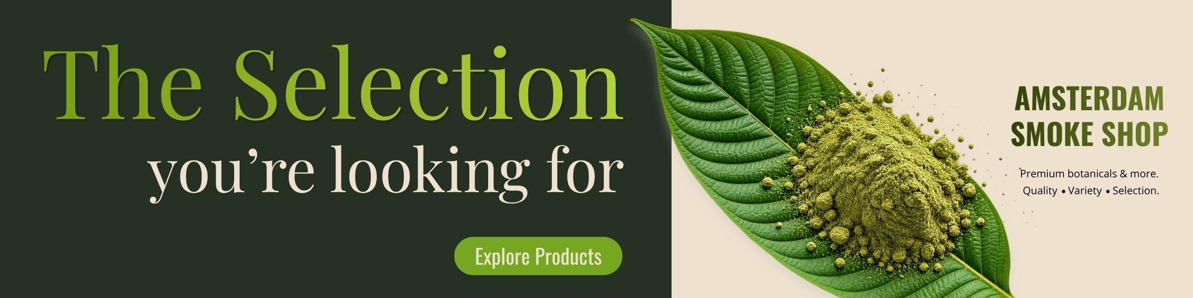 Banner promoting Amsterdam smoke shop with text and leaf design.