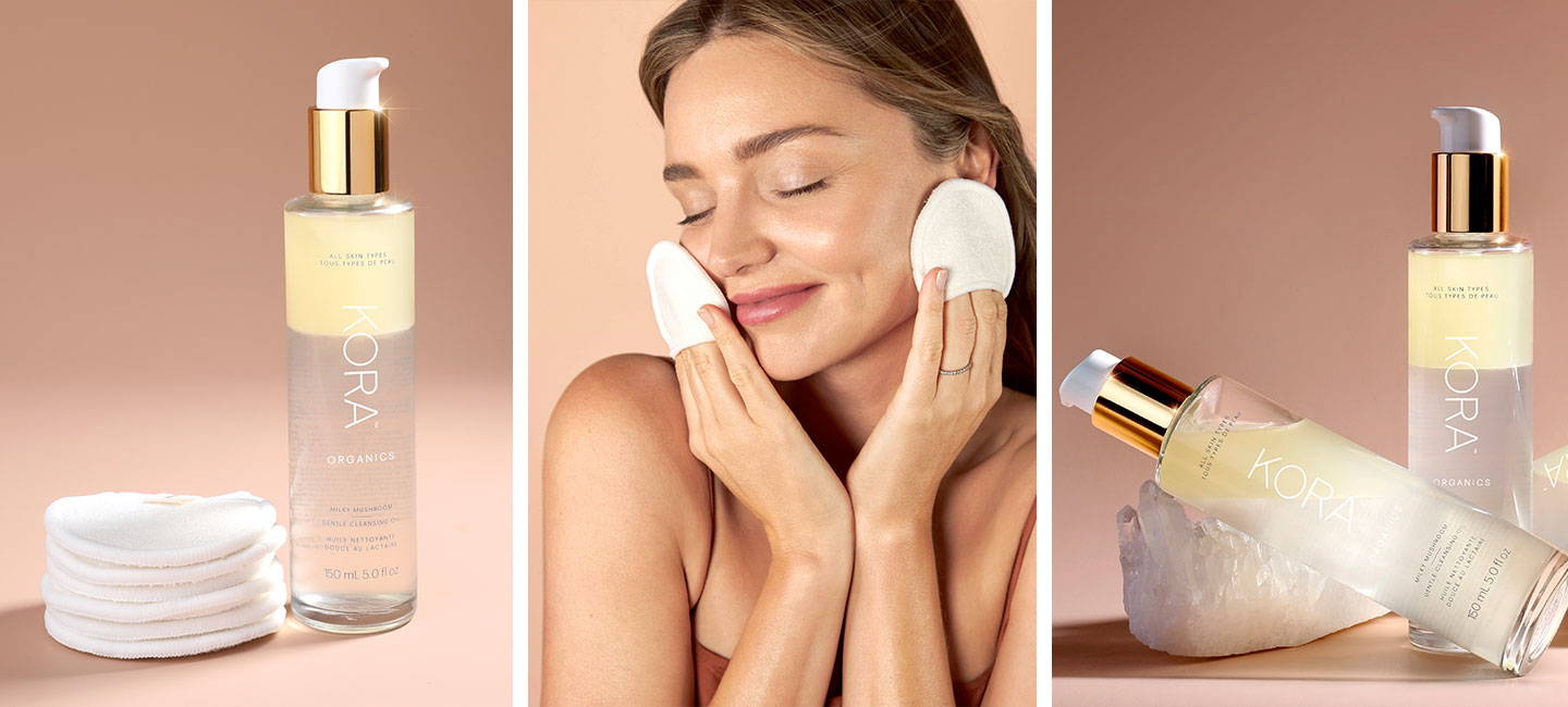 KORA Organic's Milky Mushroom Gentle Cleansing Oil with Cleansing Clots, Crystal and Miranda Kerr