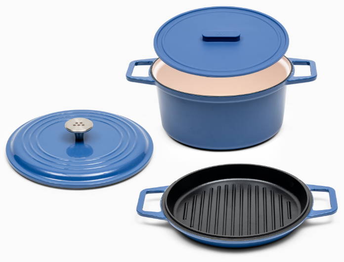 A blue Misen Dutch Oven, Silicone Lid, Grill Lid, and Traditional Lid displayed on a white seamless background.