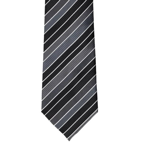 Front bottom view of a black patterned striped tie