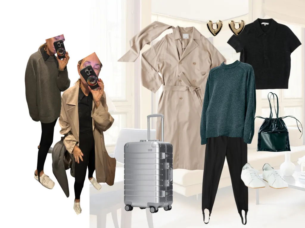 Fashion collage featuring clothing, accessories, and a suitcase.