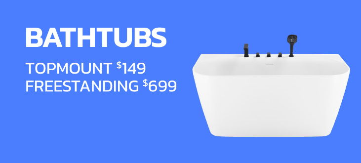 Bathtubs with prices for topmount and freestanding options.