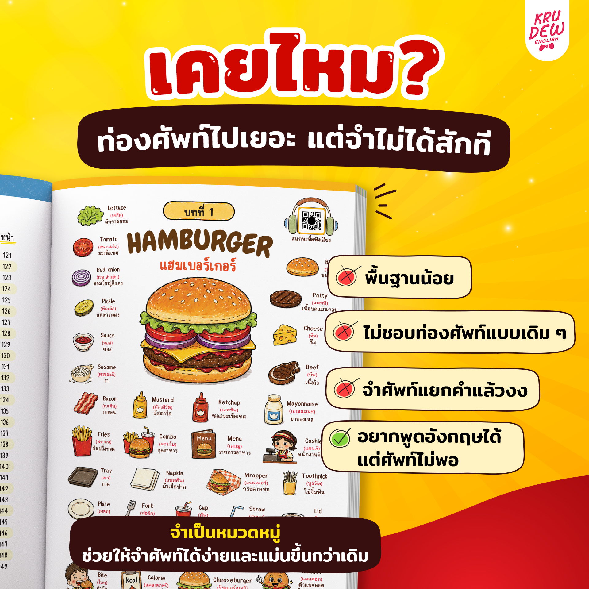 Menu page featuring hamburgers and various food items in Thai.